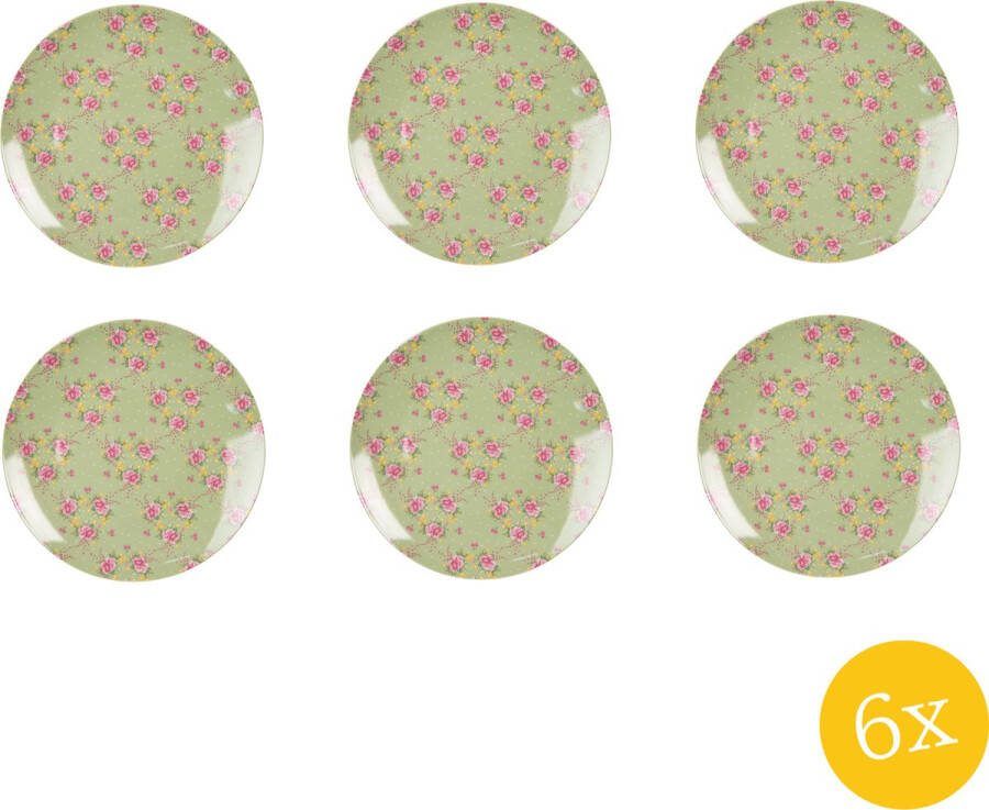 Clayre & Eef Dinerbord set van 6 stuks Ø 26 cm Groen Beige Porselein Rond Bloemen Eetbord