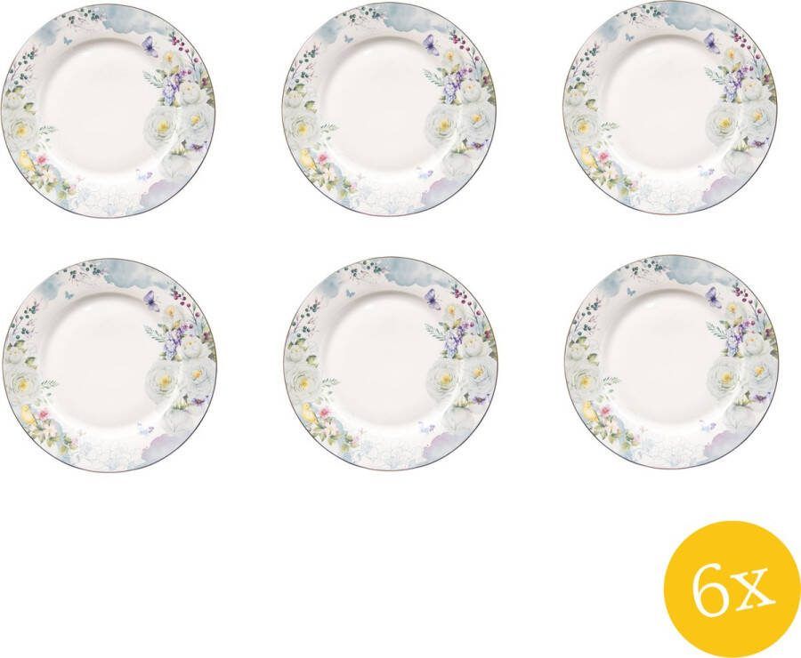 Clayre & Eef Dinerbord set van 6 stuks Ø 26 cm Wit Blauw Porselein Rond Bloemen Eetbord