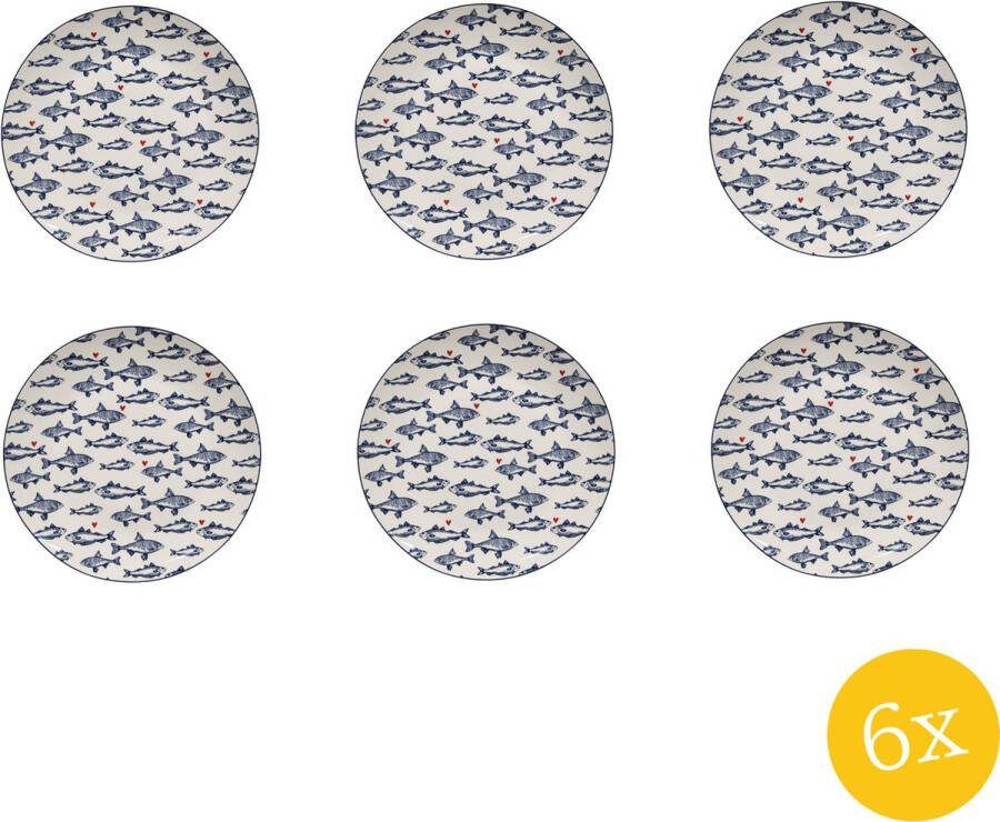 Clayre & Eef Dinerbord set van 6 stuks Ø 26 cm Wit Blauw Porselein Vissen Eetbord