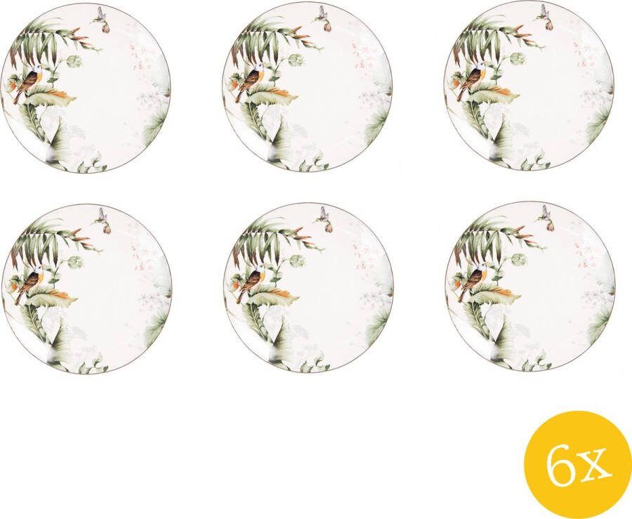 Clayre & Eef Dinerbord set van 6 stuks Ø 26 cm Wit Groen Porselein Rond Vogels Eetbord
