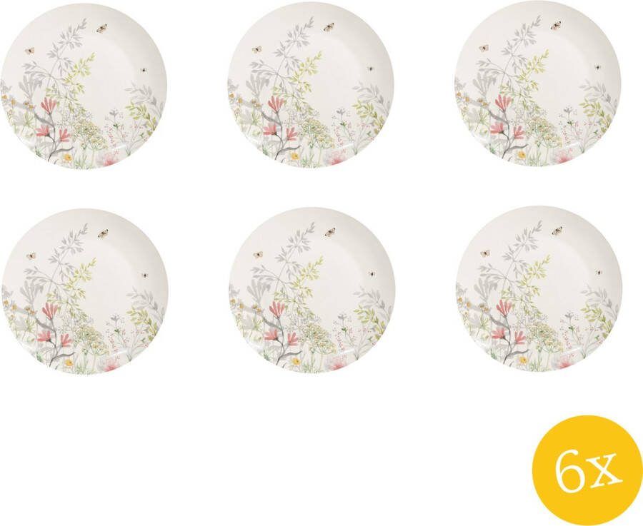 Clayre & Eef Dinerbord set van 6 stuks Ø 26 cm Wit Porselein Bloemen Eetbord