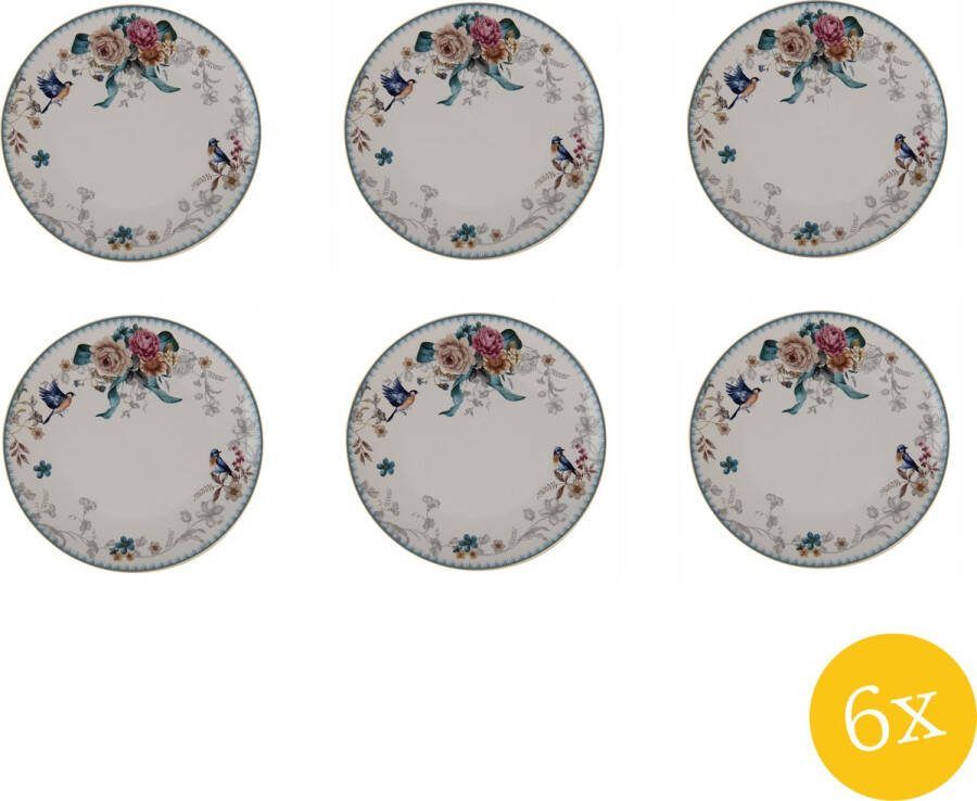 Clayre & Eef Dinerbord set van 6 stuks Ø 26 cm Wit Roze Porselein Rond Bloemen Eetbord