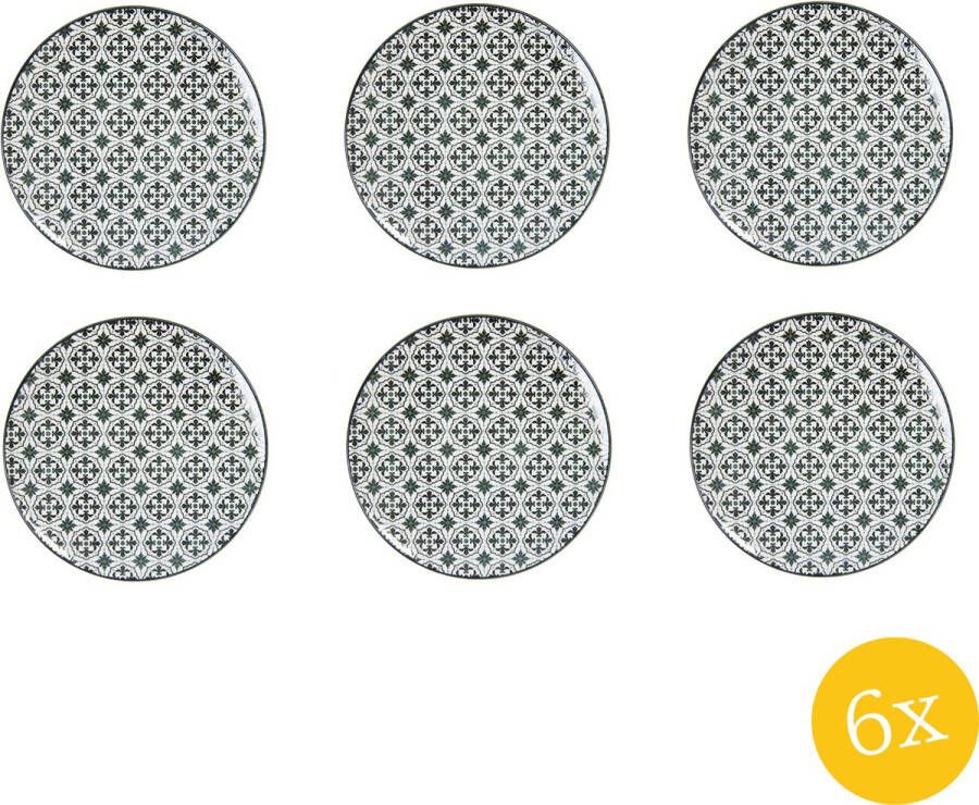 Clayre & Eef Dinerbord set van 6 stuks Ø 26 cm Zwart Wit Keramiek Rond Eetbord
