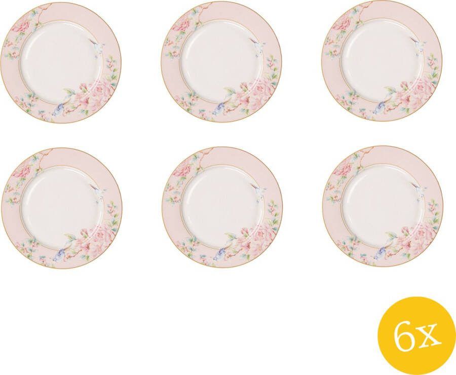 Clayre & Eef Dinerbord set van 6 stuks Ø 27 cm Roze Wit Porselein Bloemen Eetbord
