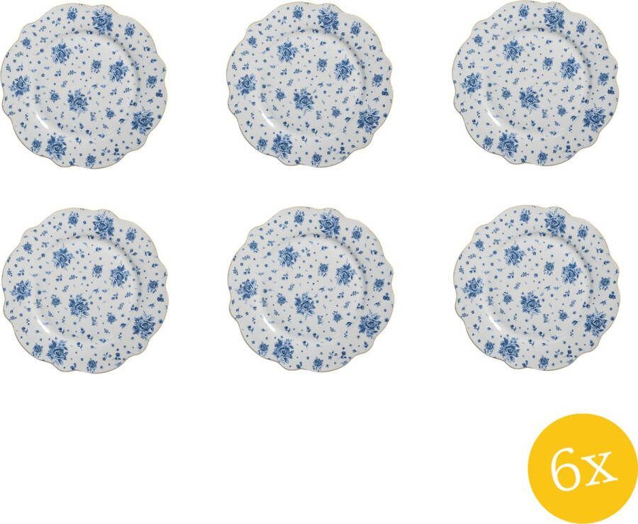 Clayre & Eef Dinerbord set van 6 stuks Ø 27 cm Wit Blauw Porselein Roosjes Eetbord
