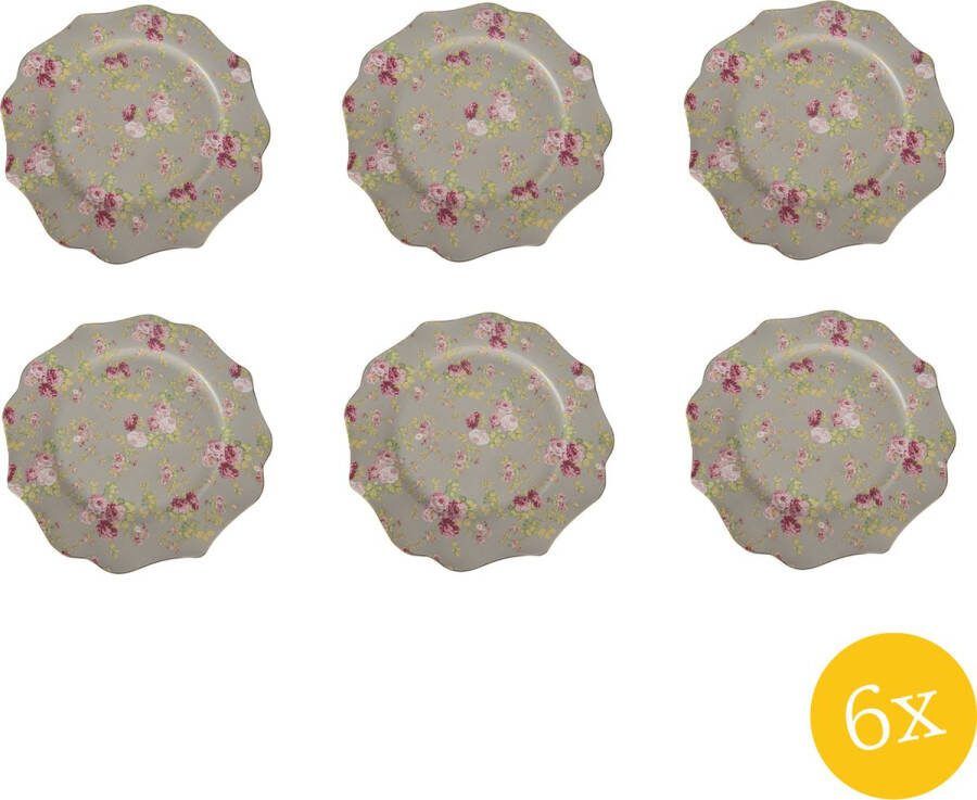 Clayre & Eef Dinerbord set van 6 stuks Ø 28 cm Groen Keramiek Rond Bloemen Eetbord
