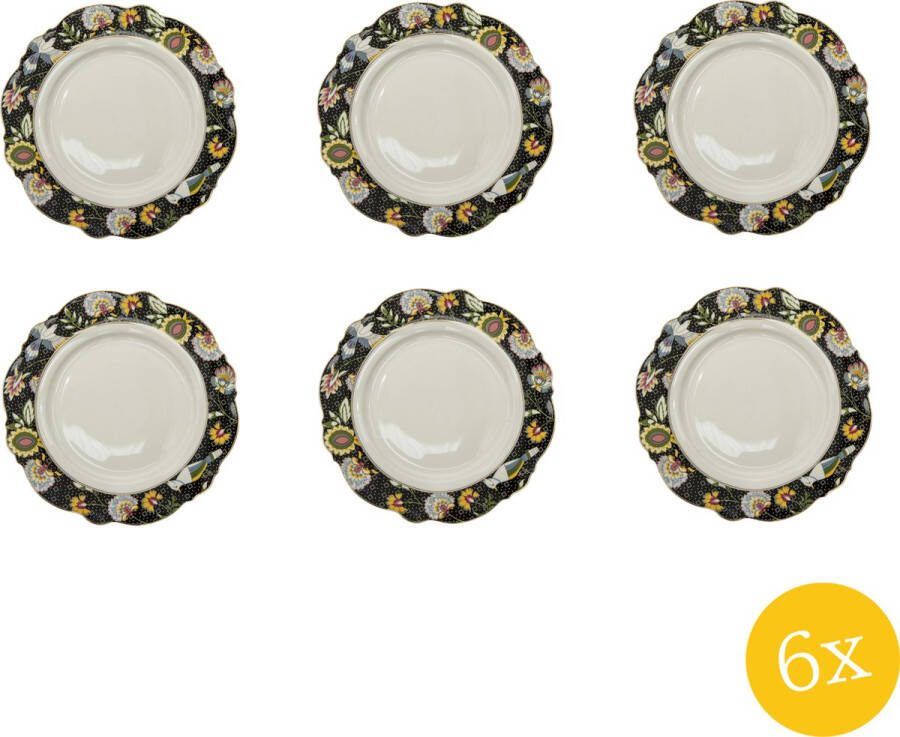 Clayre & Eef Dinerbord set van 6 stuks Ø 28 cm Zwart Wit Keramiek Rond Bloemen Eetbord