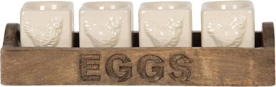 Clayre & Eef Eierdopje Set van 4 26x9x7 cm Beige Bruin Keramiek Kippen Eggs Eierhouder
