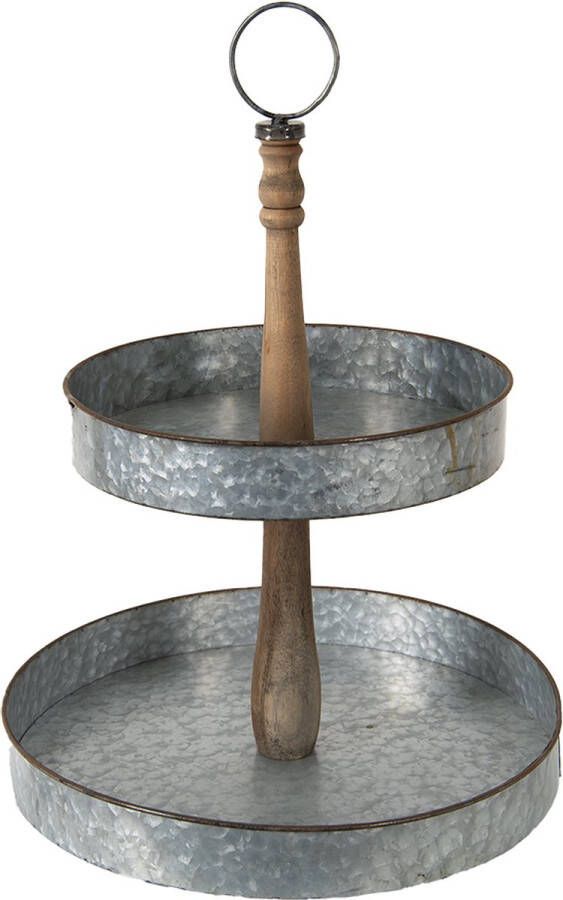 Clayre & Eef Etagère 2 laags Ø 37x54 cm Grijs Ijzer Hout Rond Serveerschaal