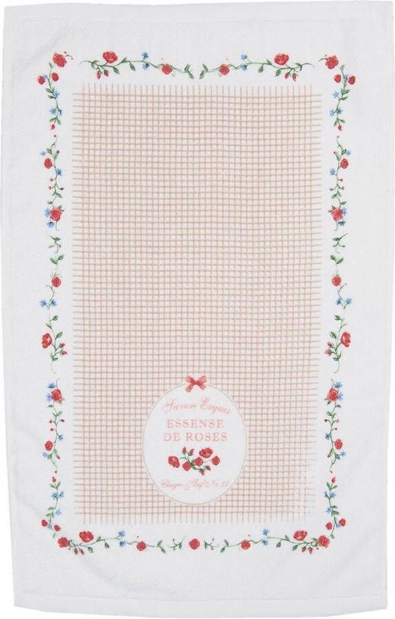 Clayre & Eef Gastendoekje 40*66 cm Wit Groen Rood 100% Katoen Rechthoek tekst en rozen Toilet Handdoek Kleine Handdoek