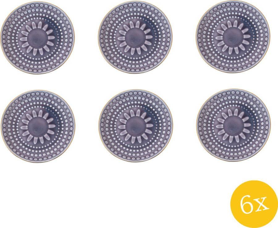 Clayre & Eef Gebaksbord set van 6 stuks Ø 13 cm Paars Keramiek Theezakjeshouder