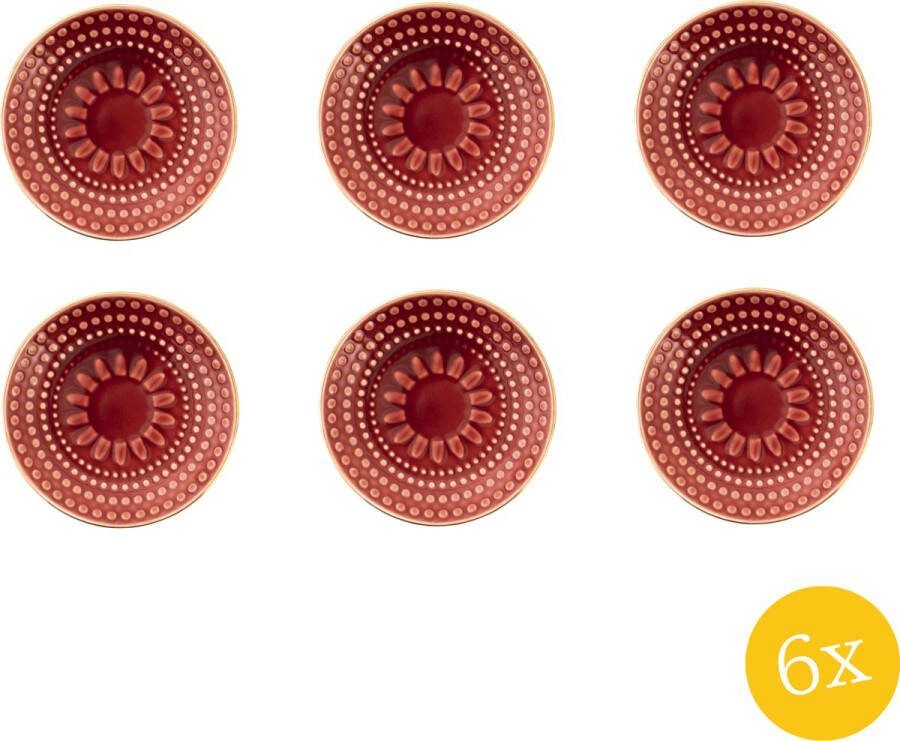 Clayre & Eef Gebaksbord set van 6 stuks Ø 13 cm Rood Keramiek Theezakjeshouder