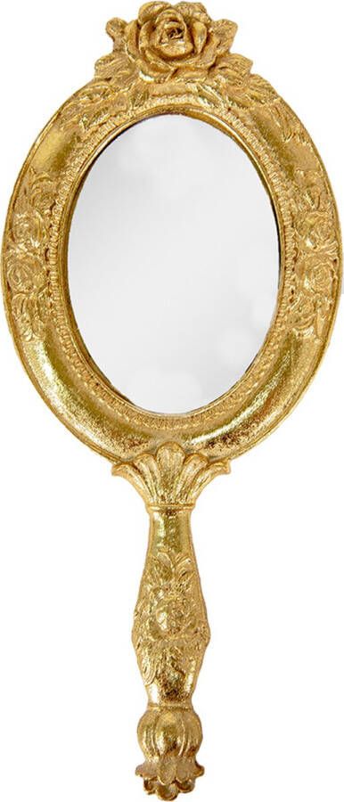 Clayre & Eef Handspiegel 10*25 cm Goudkleurig Kunststof Glas Bloemen Make up Spiegel Cadeau voor haar