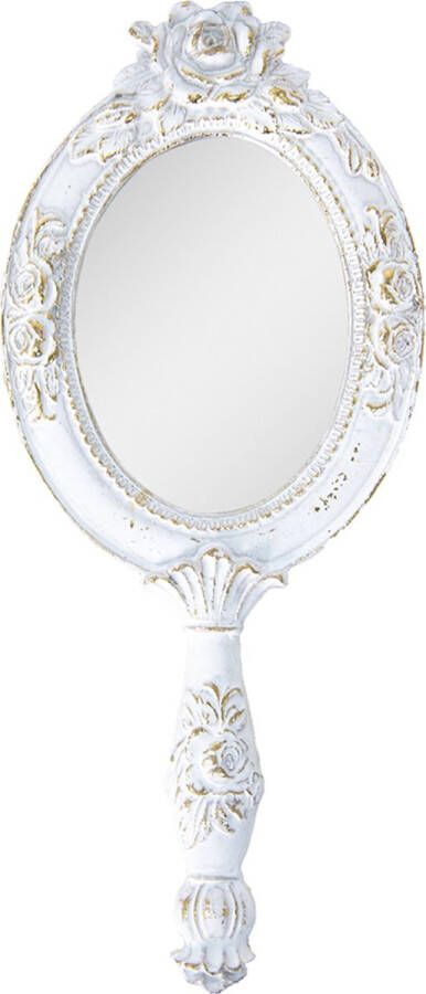 Clayre & Eef Handspiegel 10*25 cm Wit Goudkleurig Kunststof Glas Make up Spiegel Cadeau voor haar