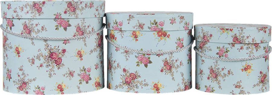 Clayre & Eef Hoedendoos Set van 3 Ø 23x19 cm Blauw Roze Karton Bloemen Opbergdoos