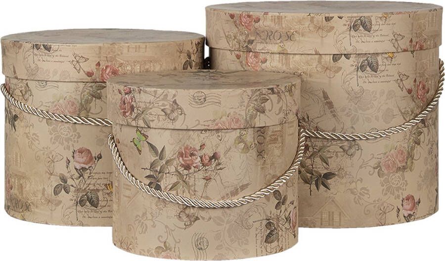 Clayre & Eef Hoedendoos Set van 3 Ø 23x20 cm Beige Roze Karton Bloemen Opbergdoos