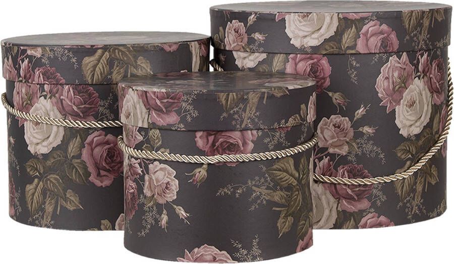 Clayre & Eef Hoedendoos Set van 3 Ø 23x20 cm Zwart Roze Karton Bloemen Opbergdoos