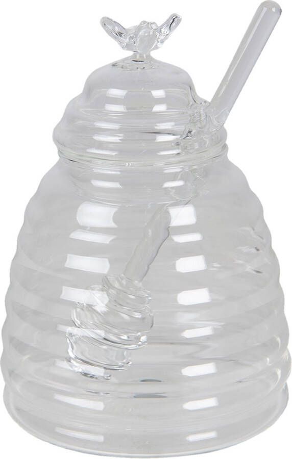 Clayre & Eef Honingpot met Lepel 450 ml Glas Bij Voorraadpot Deksel Transparant Voorraadpot Deksel
