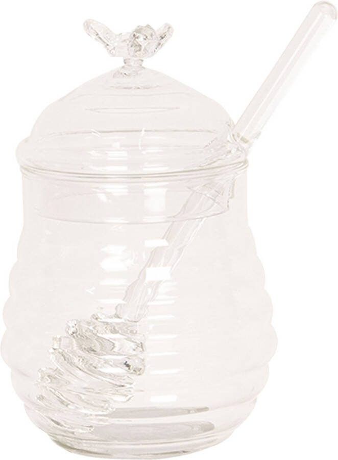 Clayre & Eef Honingpot met Lepel Ø 8x12 cm Glas Rond Voorraadpot Deksel