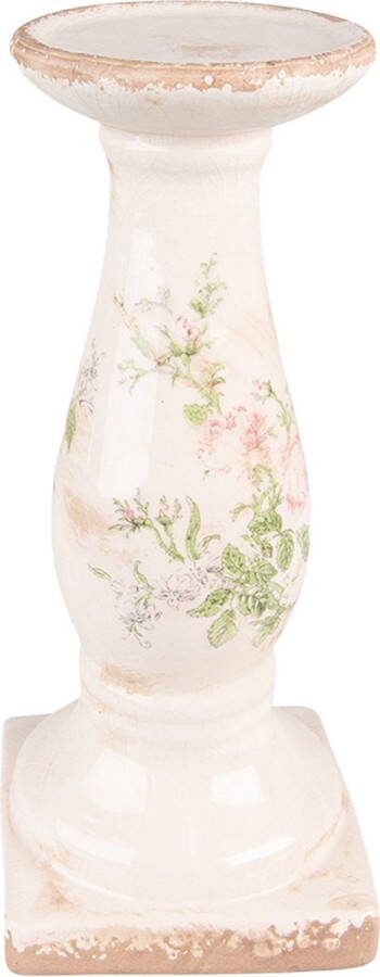 Clayre & Eef Kandelaar 30 cm Roze Beige Keramiek Bloemen Kaarsenstandaard Roze Kaarsenstandaard