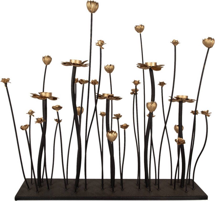 Clayre & Eef Kandelaar 69x15x66 cm Zwart Goudkleurig Ijzer Bloemen Kaarsenstandaard Zwart Kaarsenstandaard
