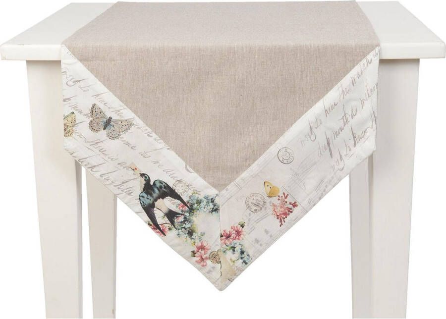 Clayre & Eef katoenen Tafelloper vlinders vogel bloemen stempel 50 x 160 cm 1 Stuks