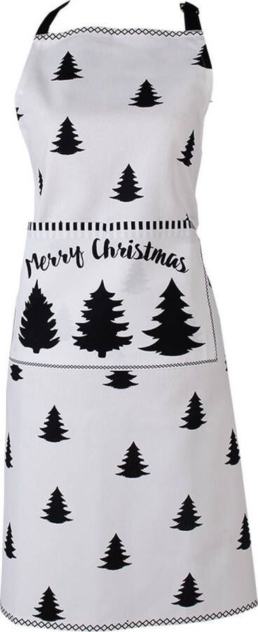 Clayre & Eef Keukenschort 70x85 cm Wit Zwart Katoen Kerstboom Merry Christmas BBQ Schort Wit BBQ Schort