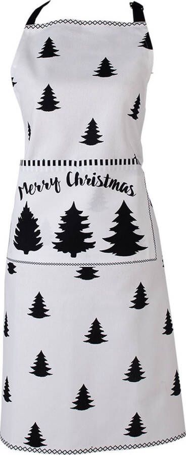 Clayre & Eef Keukenschort 70x85 cm Wit Zwart Katoen Kerstboom Merry Christmas BBQ Schort Cadeau voor haar Kookschort