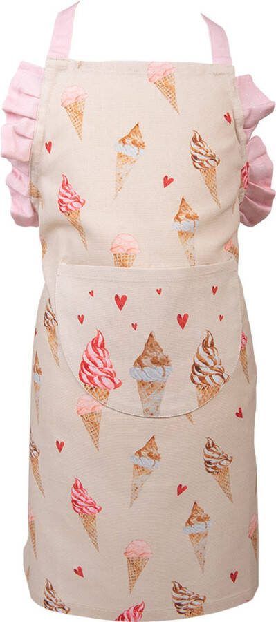 Clayre & Eef Keukenschort Kinderen 48x56 cm Beige Roze Katoen Ijsjes Kookschort Beige Kookschort
