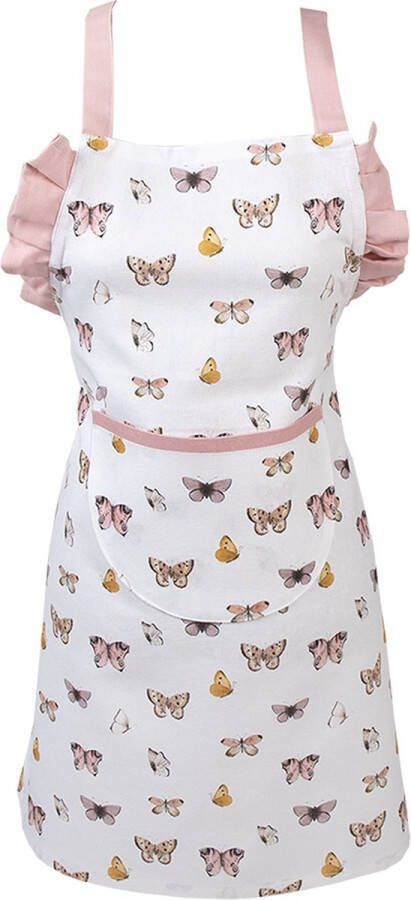 Clayre & Eef Keukenschort Kinderen 48x56 cm Beige Roze Katoen Vlinders BBQ Schort Beige BBQ Schort