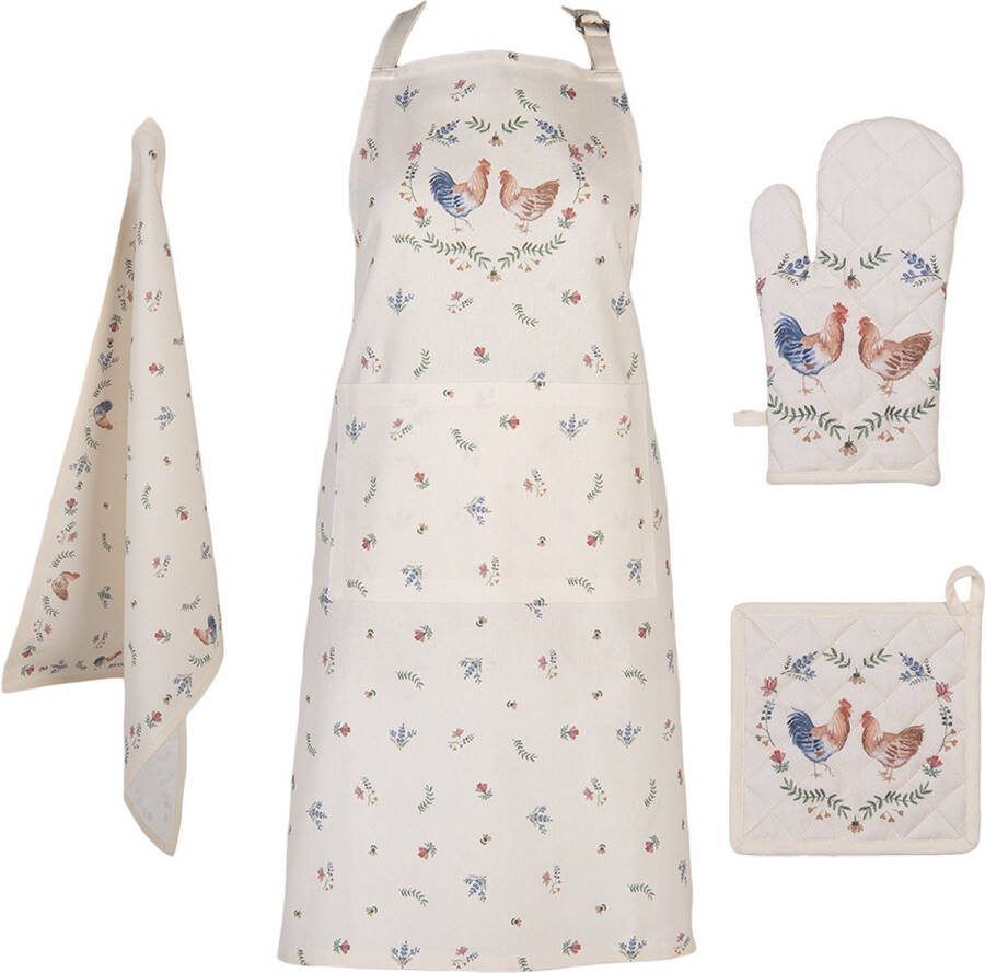 Clayre & Eef Cremekleurige Schort keukendoek ovenhandschoen en pannenlap CARSET