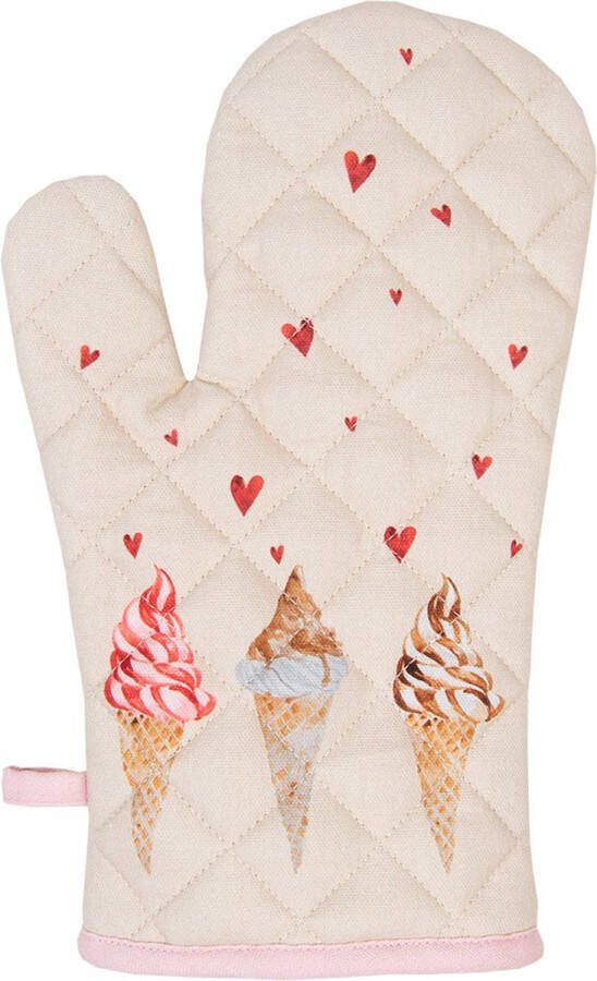 Clayre & Eef Kind Ovenwant 12x21 cm Beige Roze Katoen Ijsjes Ovenhandschoen Beige Ovenhandschoen