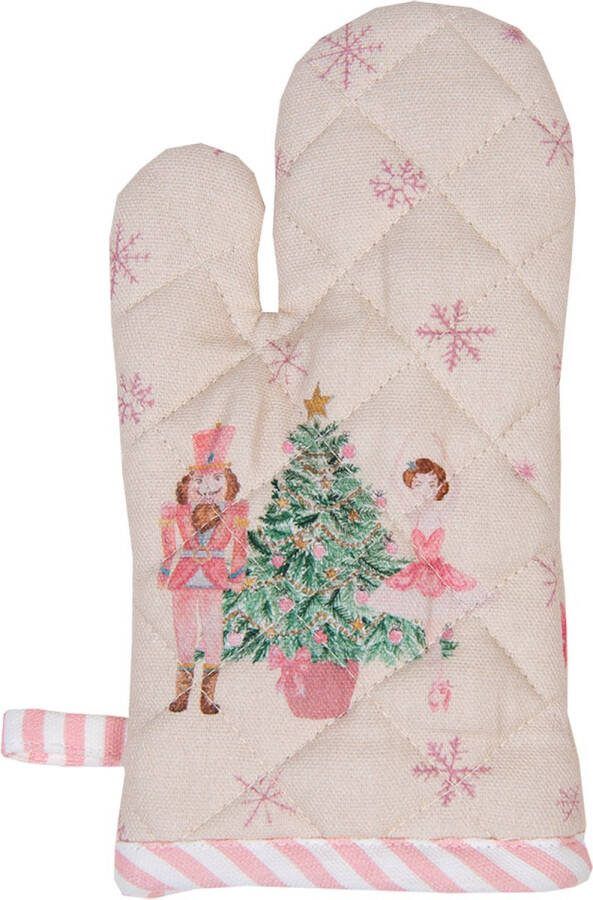 Clayre & Eef Kind Ovenwant 12x21 cm Beige Roze Katoen Notenkraker Ovenhandschoen Beige Ovenhandschoen