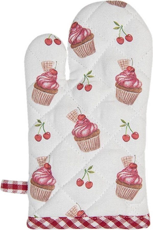 Clayre & Eef Kind Ovenwant 12x21 cm Rood Roze Katoen Cupcakes Ovenhandschoen Rood Ovenhandschoen