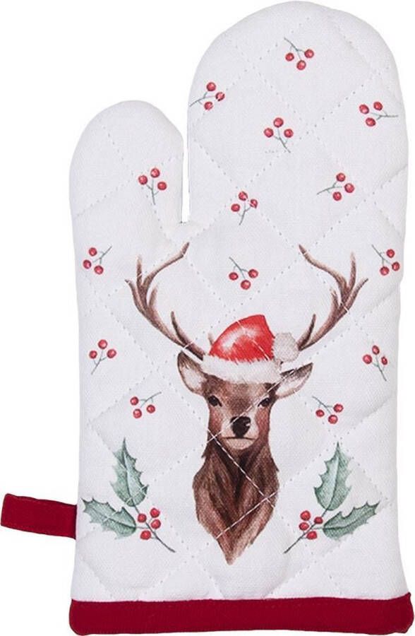 Clayre & Eef Kind Ovenwant 12x21 cm Wit Rood Katoen Hert Hulstbladeren Ovenhandschoen