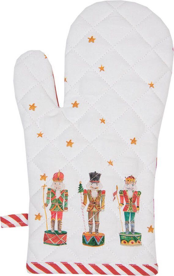 Clayre & Eef Kind Ovenwant 12x21 cm Wit Rood Katoen Notenkrakers Ovenhandschoen Wit Ovenhandschoen