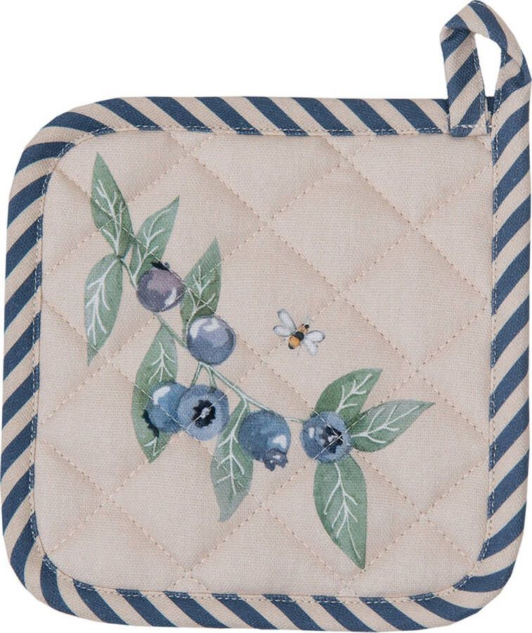 Clayre & Eef Kind Pannenlap 16x16 cm Beige Blauw Katoen Bosbessen Afgiet Pannenlap Beige Afgiet Pannenlap