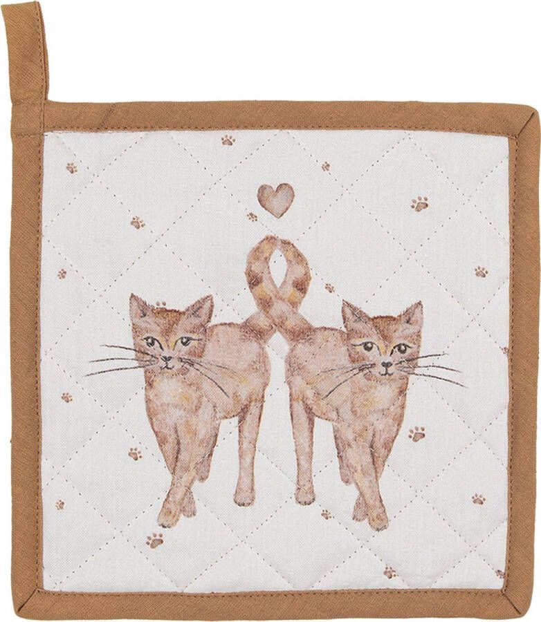 Clayre & Eef Kind Pannenlap 16x16 cm Beige Bruin Katoen Vierkant Katten Afgiet Pannenlap Beige Afgiet Pannenlap