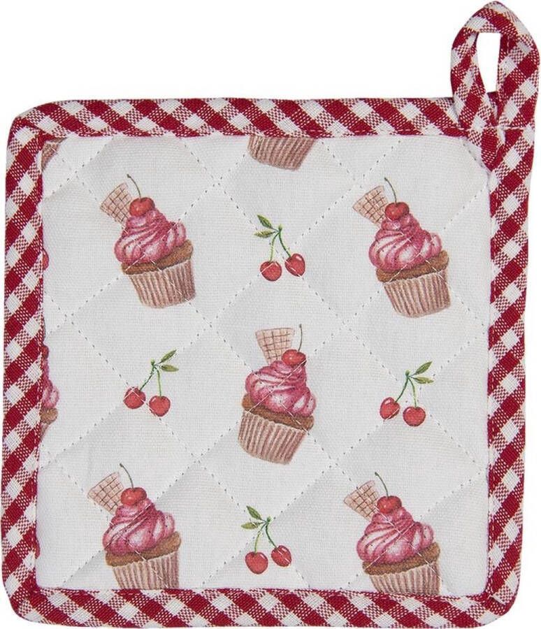 Clayre & Eef Kind Pannenlap 16x16 cm Rood Roze Katoen Cupcakes Moeder dochter Keukentextiel Kinder keuken