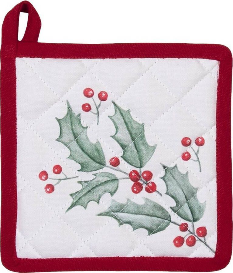 Clayre & Eef Kind Pannenlap 16x16 cm Wit Rood Katoen Hert Hulstbladeren Moeder dochter