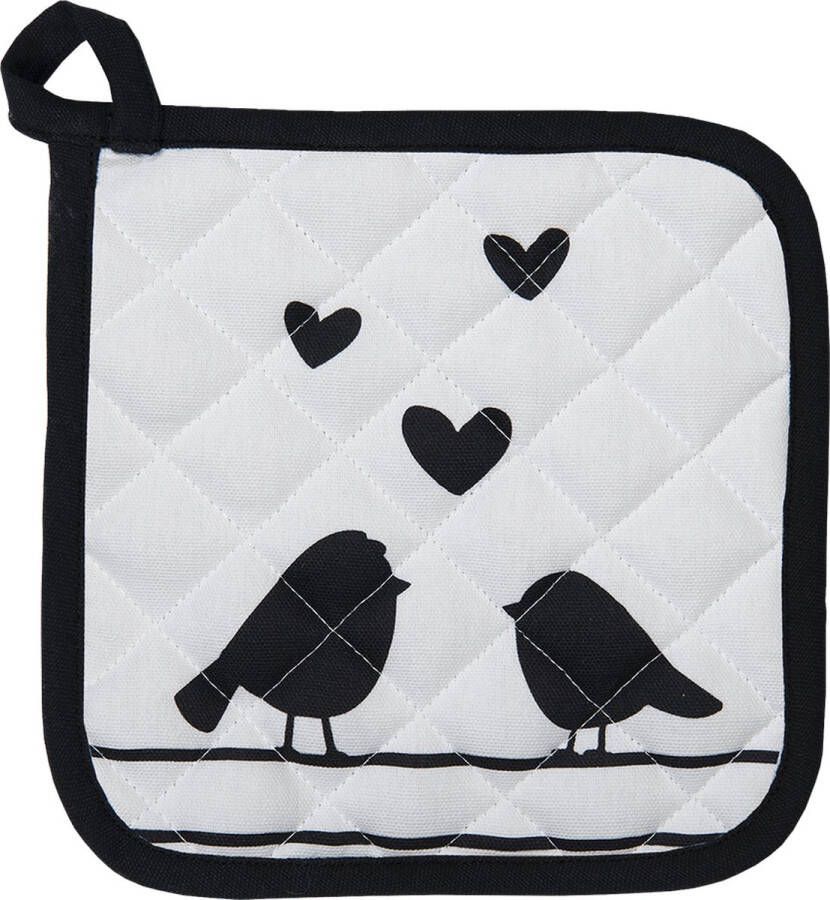 Clayre & Eef Kind pannenlap 16x16 cm Wit Zwart Katoen Harten Vogels Moeder dochter Wit Moeder dochter