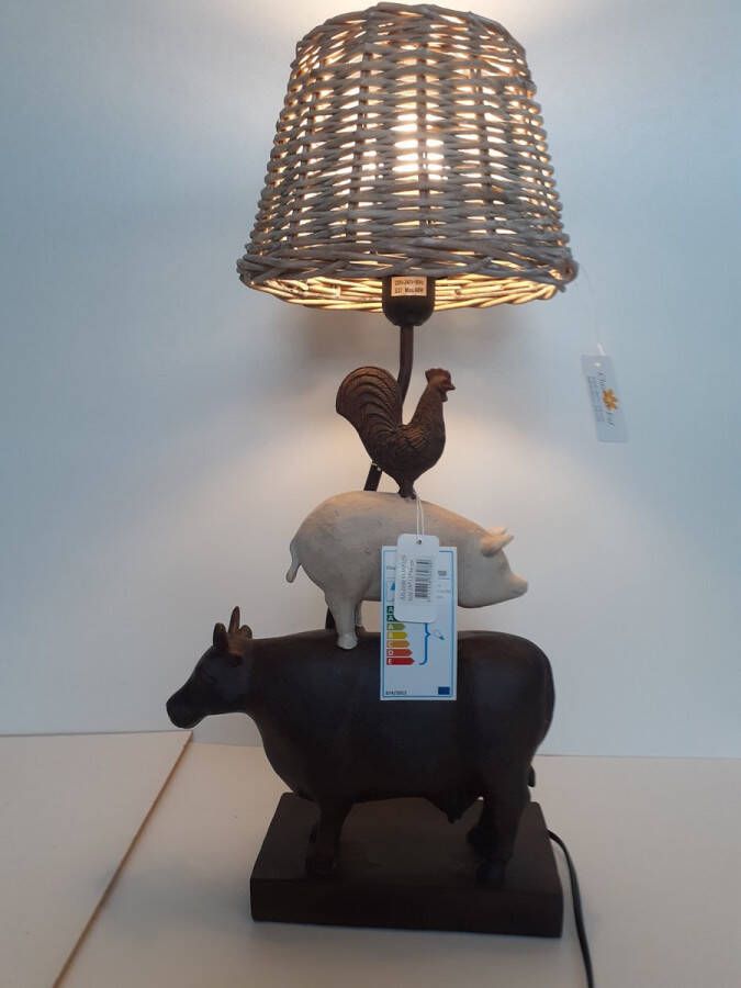 Clayre & Eef Koe beeld koe varken en kip op elkaar als tafellamp inclusief kap en lamp Clayre&Eef 58x28x22 cm