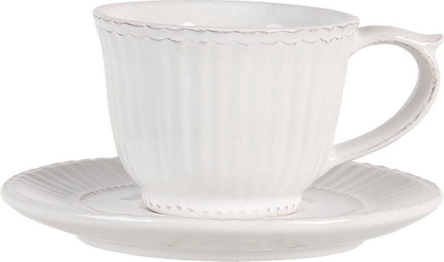 Clayre & Eef Kop en schotel 150 ml Wit Dolomiet Rond Servies Cadeau voor haar Cappuccino