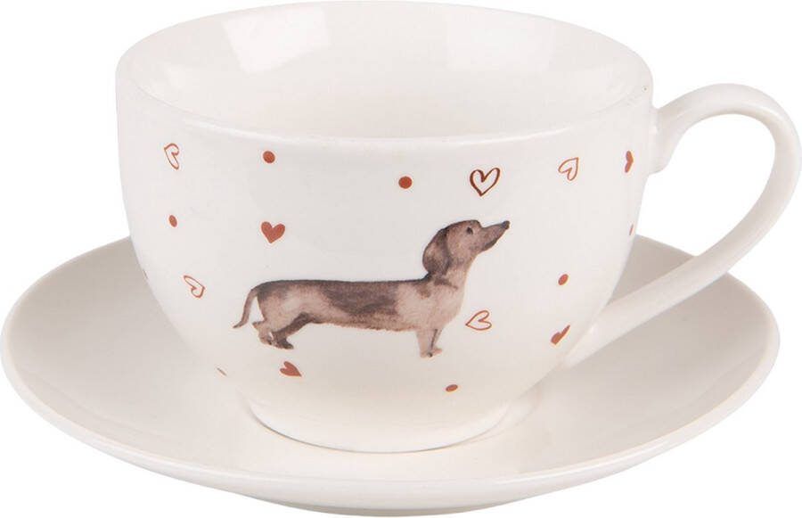 Clayre & Eef Kop en schotel 200 ml Beige Bruin Porselein Rond Teckel Servies Beige Servies