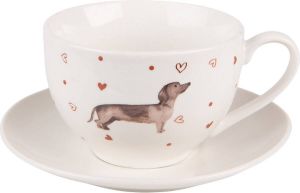 Clayre & Eef Kop en schotel 200 ml Beige Bruin Porselein Rond Teckel Servies Cadeau voor haar Cappuccino Beige Servies