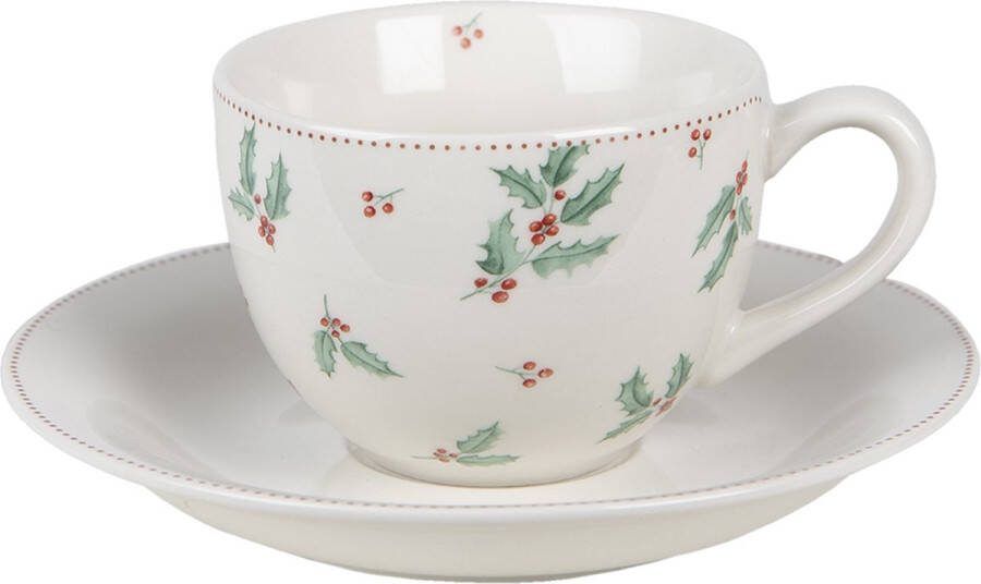 Clayre & Eef Kop en schotel 200 ml Beige Groen Keramiek Hulstbladeren Servies