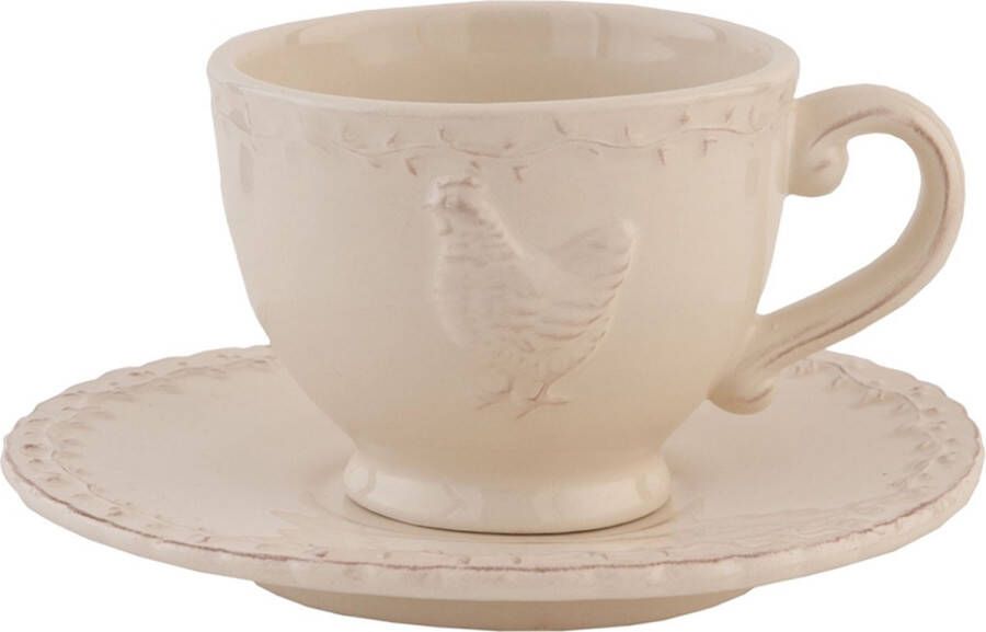 Clayre & Eef Kop en schotel 200 ml Beige Keramiek Rond Kip Servies