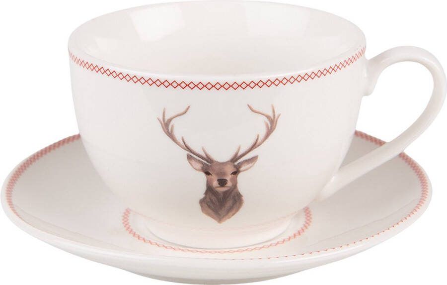 Clayre & Eef Kop en schotel 200 ml Beige Porselein Hert Servies Beige Servies