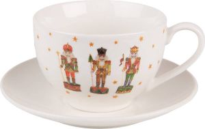 Clayre & Eef Kop en schotel 200 ml Beige Porselein Notenkrakers Servies Cadeau voor haar Cappuccino Beige Servies