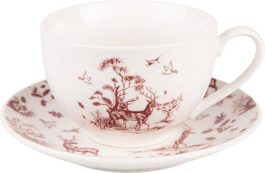 Clayre & Eef Kop en schotel 200 ml Beige Rood Porselein Rendieren en bomen Servies Beige Servies